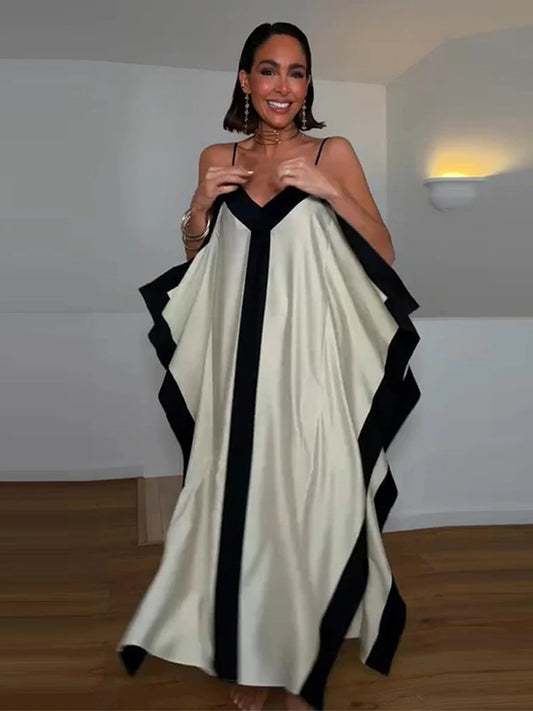 Contrast Black Trim Satin Cami Maxi Dress Deep V Neck Loose Flowy Ruffle Hem Lady Long Gown 2026 Summer Formal Vacation Dresses