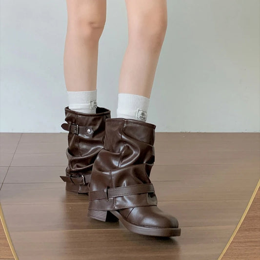 Autumn Women Slouch Mid Calf Cowboy Boots Double Metal Buckle Straps Leather Block Heel Shoes Motorcycle Short Boots