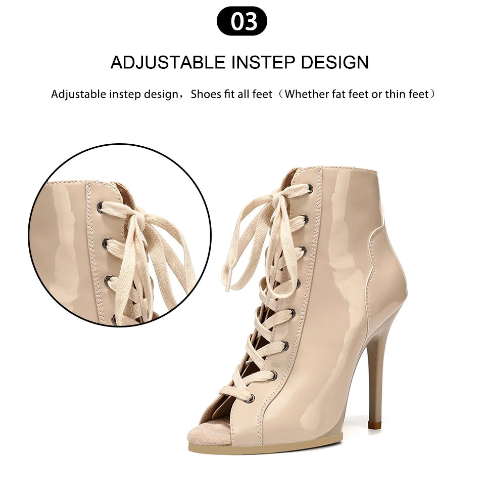 Women Sexy Thin High Heel Dance Shoes Party Ballroom Pole Jazz Lace Up Platform Dancing Boots Short Tube Heels 8.5/9.5CM Booties