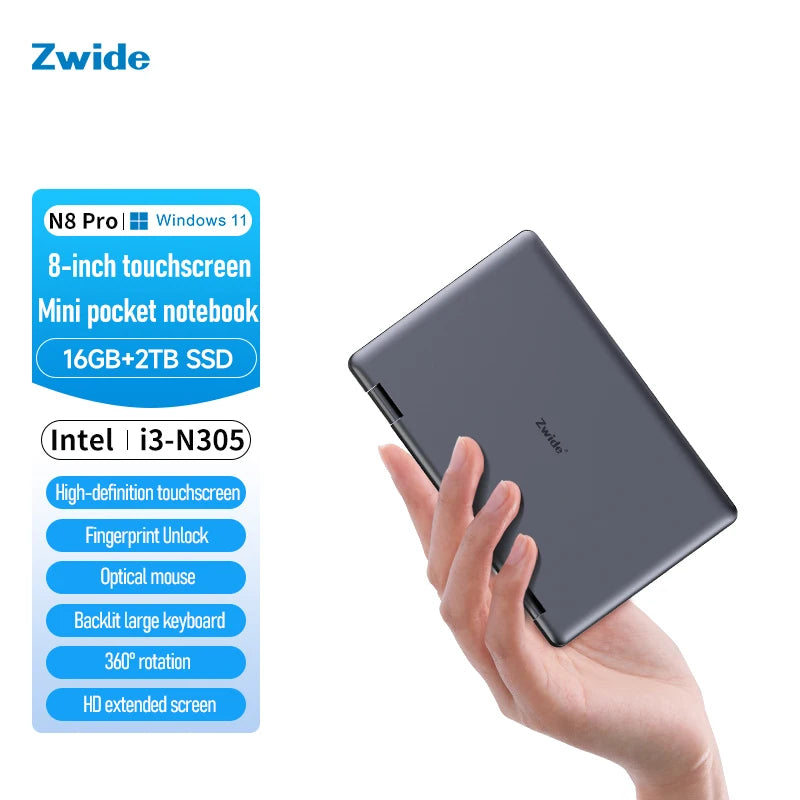 Zwide pocket book N8 Pro Intel i3-N305 touch screen 8 inch IPS 1920x1200 pixels FHD 16GB LPDDR5 mini notebook 360° flip yoga