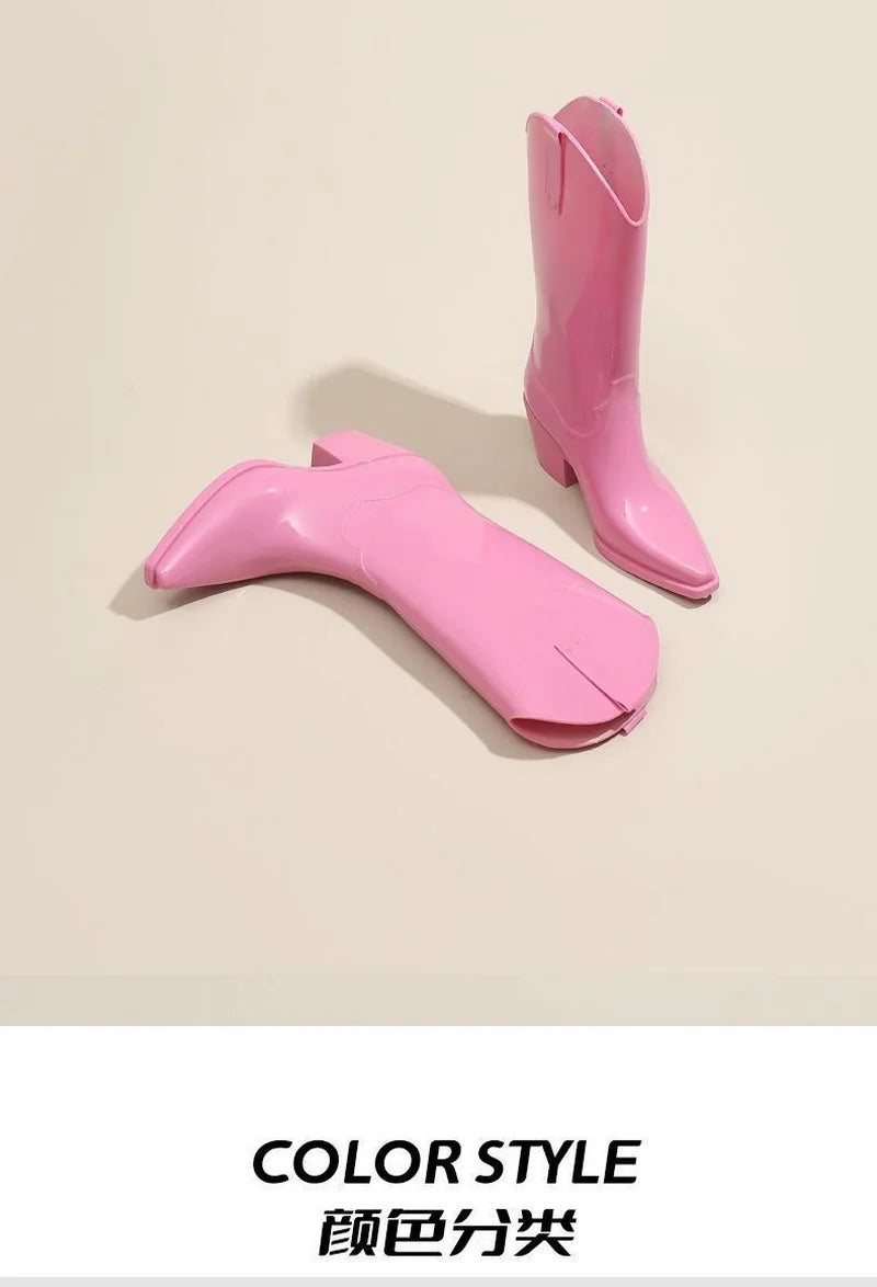 FHC Chunky High Heels Rain Boots,Women's Waterproof Mid Calf Botas,Kitchen Work Shoes,Cowboy Booties,Black,PInk,Red,Dropship