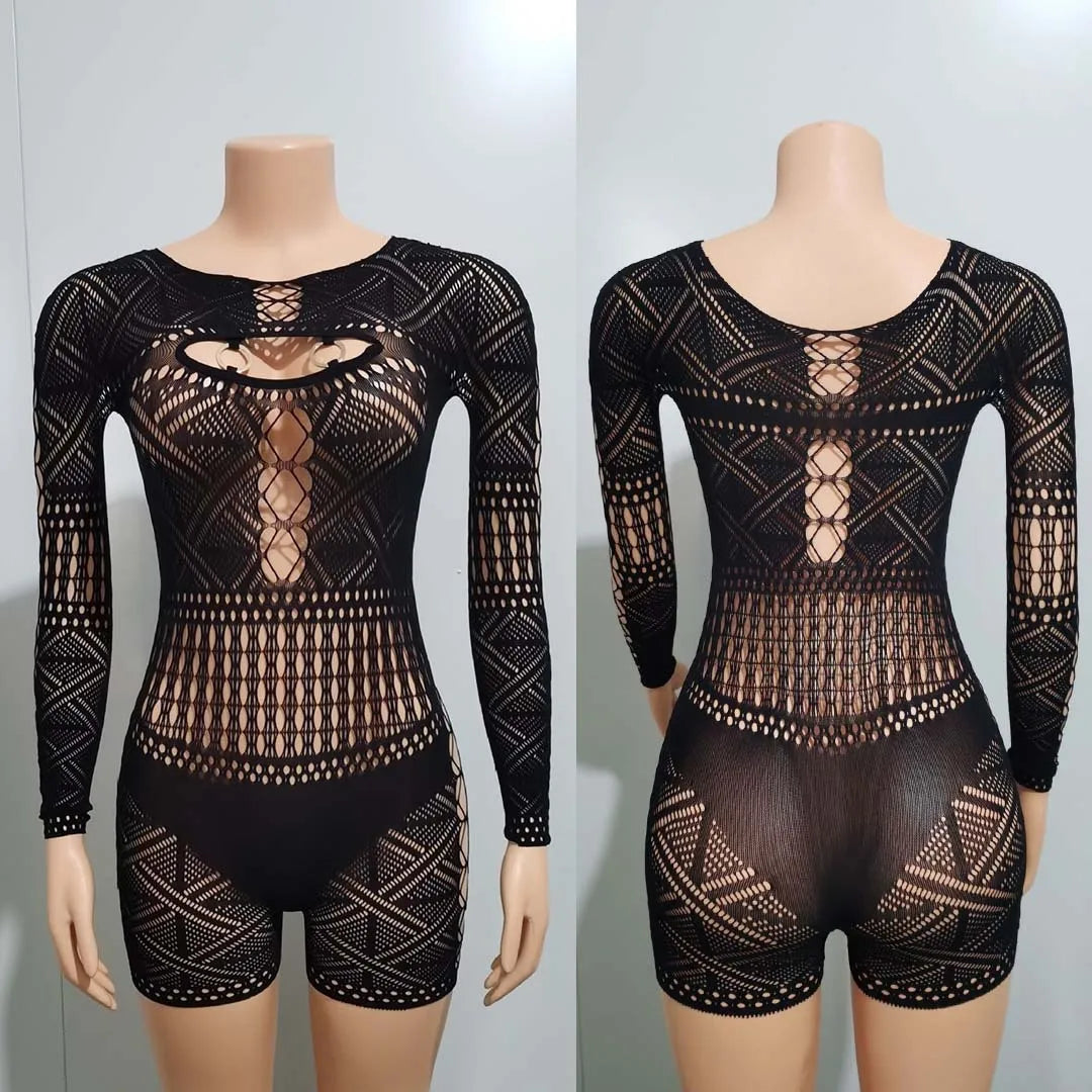 Streetwear Women 2023 One-pieces Outfits Rompers Jumpsuits Summer Long Sleeve Hollow Out Bodycon Mesh Black Romper Playsuits