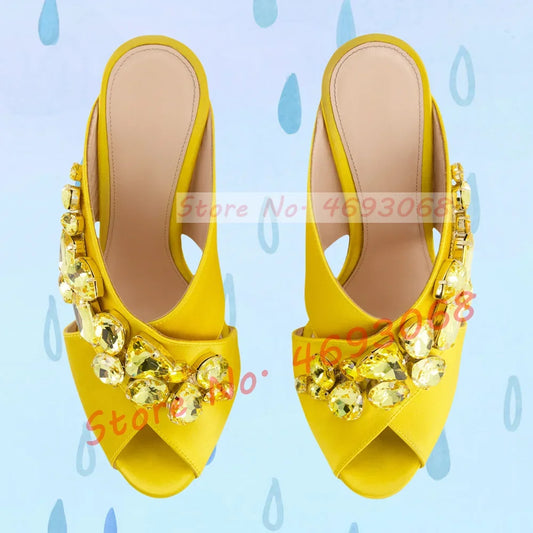 Gems Silk Chunky High Heels Slippers Women Luxury Cross Strap Rhinestone Mules Ladies Stylish Summer Bling Open Toe Party Shoes