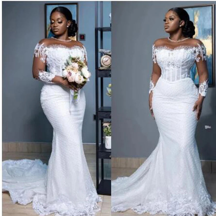 Customized Long Sleeves 2026 Mermaid Wedding Dresses For Bride Sheer Neck Elegant Bridal Gowns 2025 African Wedding Dress w1039