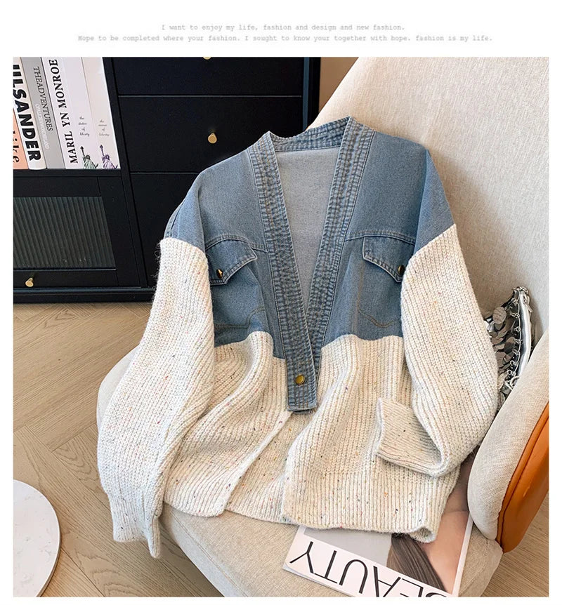 Fat mm200 Pounds Vintage Denim Patchwork Sweater Coat ins Fashion Woman 2024 Autumn and Winter Thickened Loose Niche Cardigan