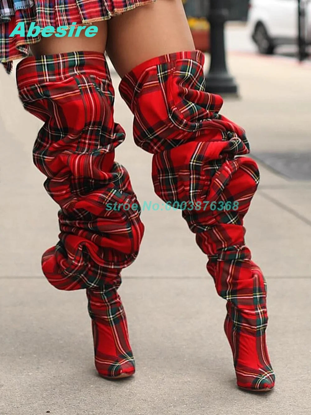 Red Check Patchwork Over Knee Boots Pleated Pointed Toe Thin Heels Shoes for Women Spicy Girls Y2K Street Style Fashion Shoes
