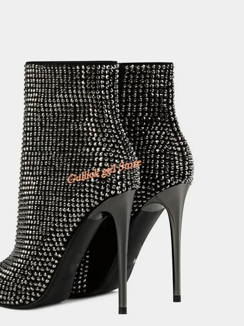 Sexy Rhinestone Short High Heeled Boots Zipper Sexy Pointy Toe Stiletto Thin High Heel Runway 2026 Women Winter Autumn Shoes