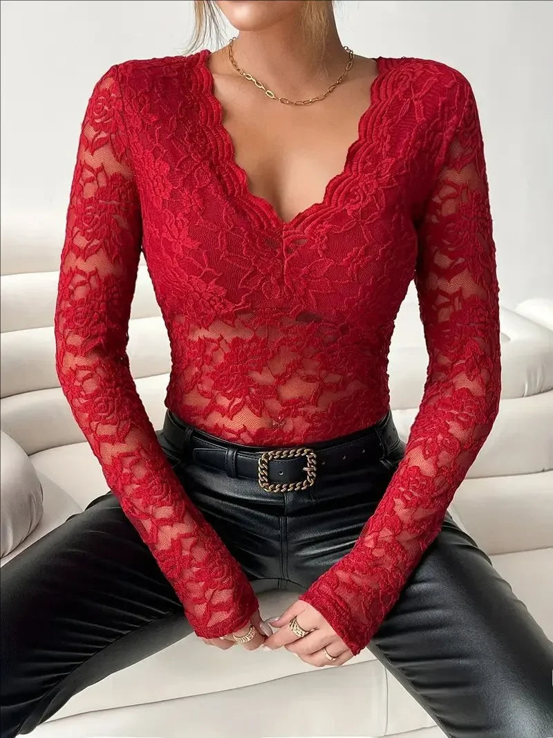 Women Lace V Neck Long Sleeve Sheer Mesh Floral Lace Top Slim Fit See Through Bodycon Jumpsuit for Party Clubwear Daily Wear