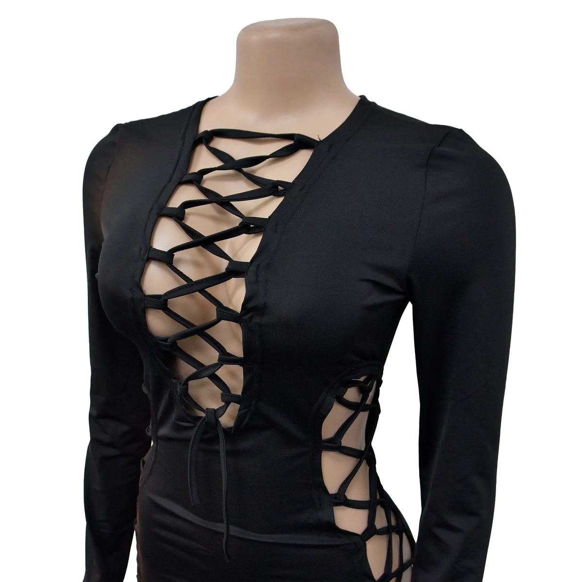 HLJ Sexy Solid Hollow Out Bandage Slit Bodycon Mid Dresses Women Round Neck Long Sleeve Slim Vestidos Fashion Party Club Clothes