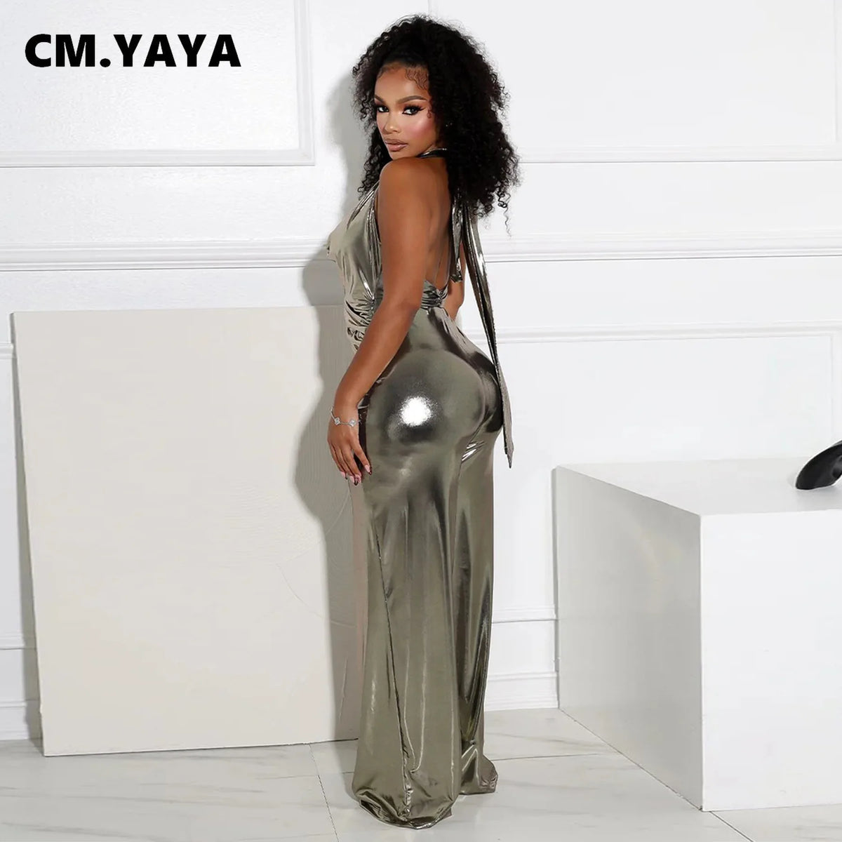 CM.YAYA Women Heaps Collar V-Neck Backless Wide Leg Straight Sleeveless Jumpsuits Spring Sexy One Piece Set Streetwear Outfits