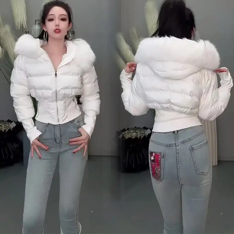 2026 Small Waist Short Cotton Clothes Large Fur Collar Heavy Industry Design Waist Slimming Versatile Fashionable Cotton Clothes