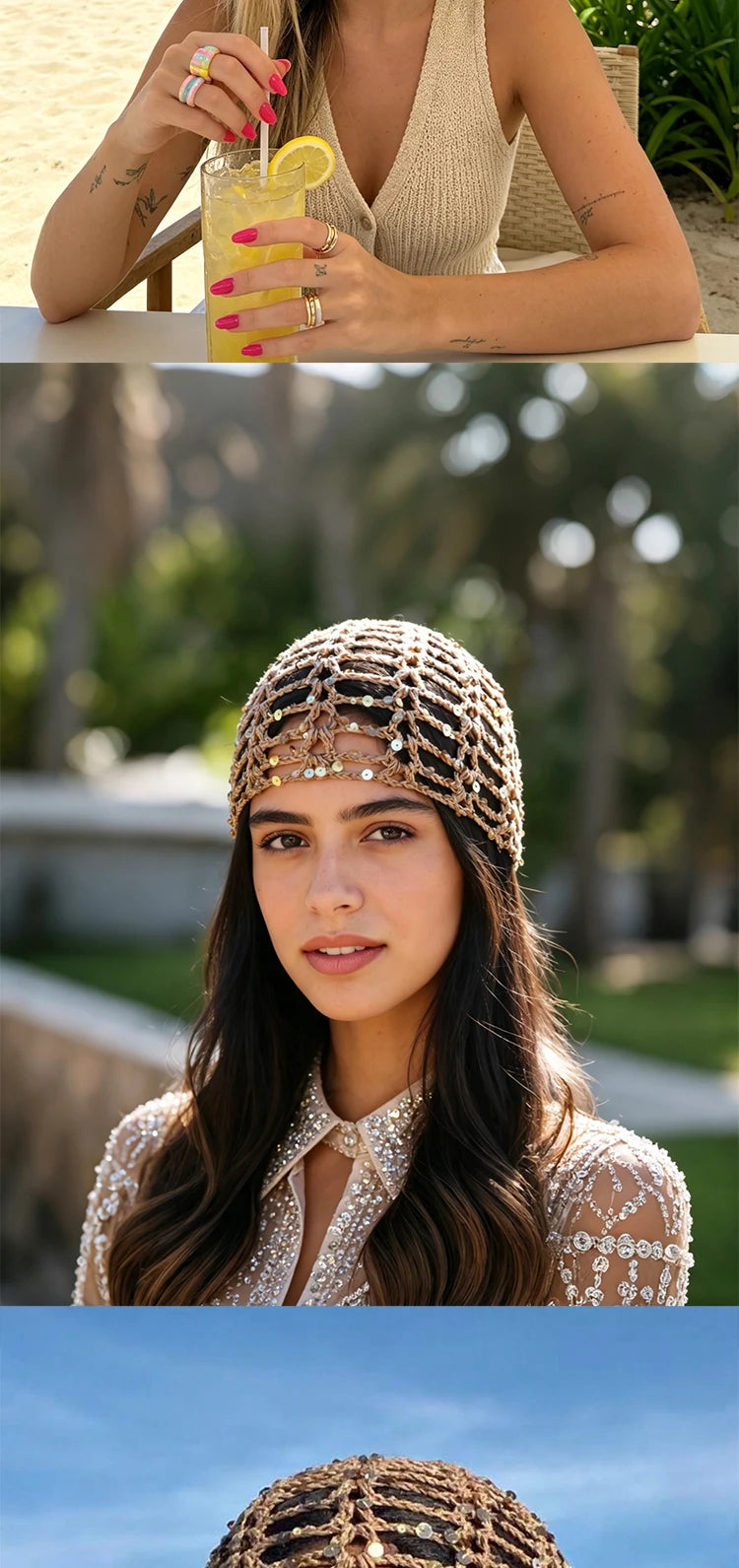 Fashion Vintage Sequined Hollow Pullover Hats Women Spring Summer Travel Photo Atmosphere Versatile Y2K Knit Beanie Hat Girl