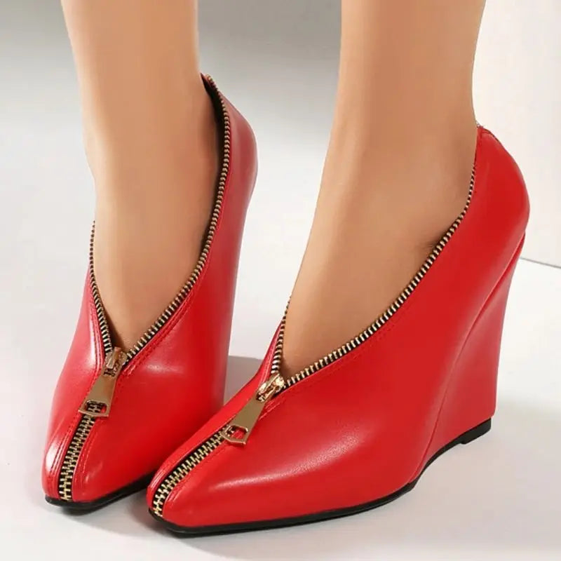 Sexy Women's Wedge High Heels Pumps Shoes Sexy Zipper Black Red White Wedges Heeled Large Size Office Party Wedding Shoes Ladies