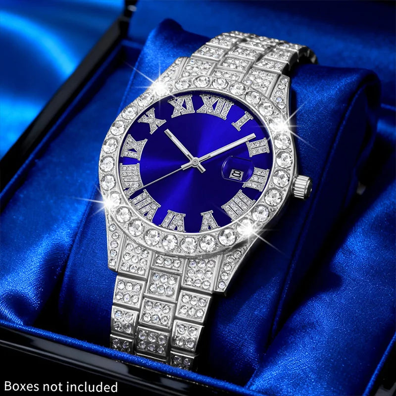 Men's Hip-Hop Watch Retro Quartz Watch, Oversized Rhinestone Dial and Durable Stainless Steel Strap, Suitable for Men