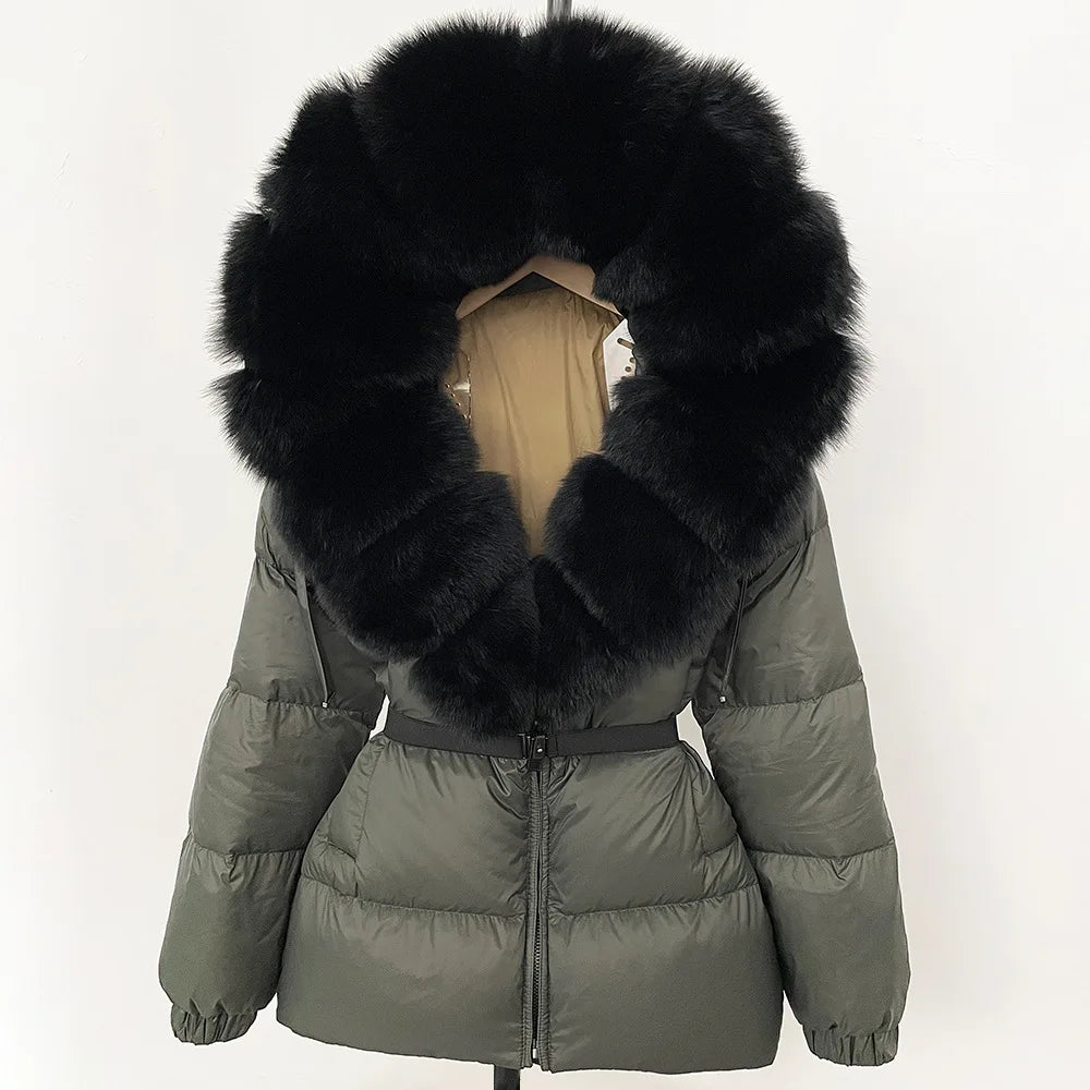Hot Sale Women Luxury Black Down Jacket Waist‑Cinched Design High‑End Elegant Real Big Fox Fur Hooded Collar Winter Outerwear