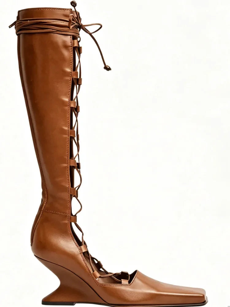 2026 Summer Hollow Out Strap Square Shaped Thick High Heels Summer Cool Boots Fashionable and Sexy Women's Sandals