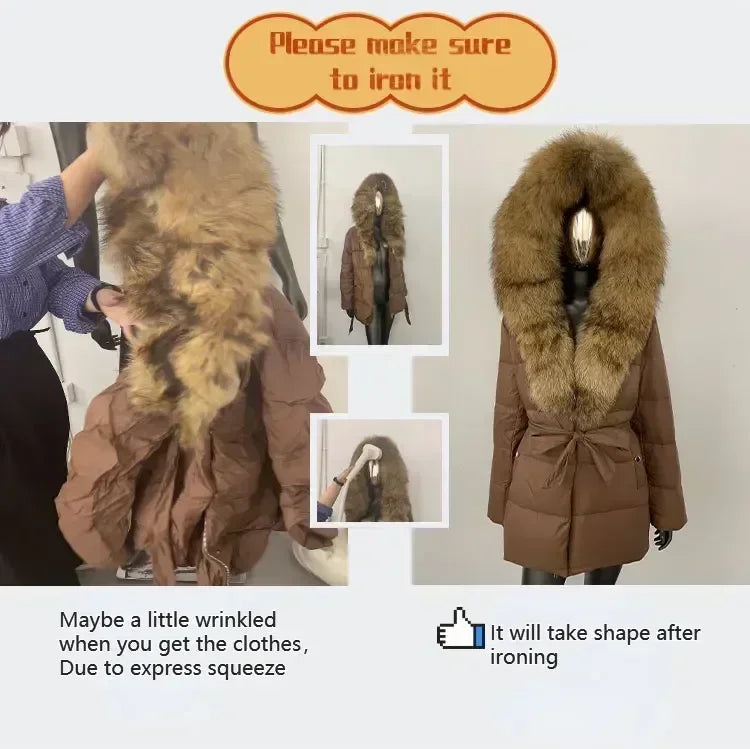 White Duck Down Coat Wool Patchwork 2025 Down Jacket for Women Autumn Winter New Fashion Style Long Puffer Jacket Lady Feather