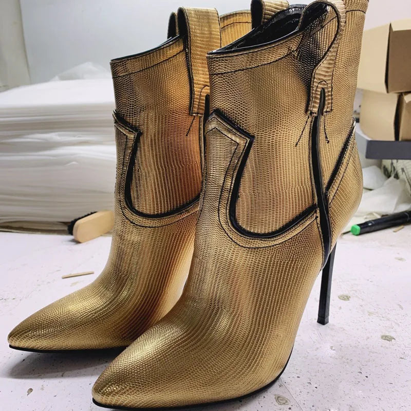 Silver Gold Patent Leather Blade High Heels Ankle Boots Pointed Toe 12 Cm Metal Heel Slip On Runway Booties Woman