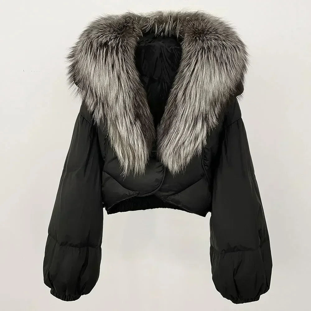 Winter Female White Duck Down Jacket Luxury Loose Short Fashion Casual Women Warm Real Fox Fur Coat Long Sleeve Puffer Jacket