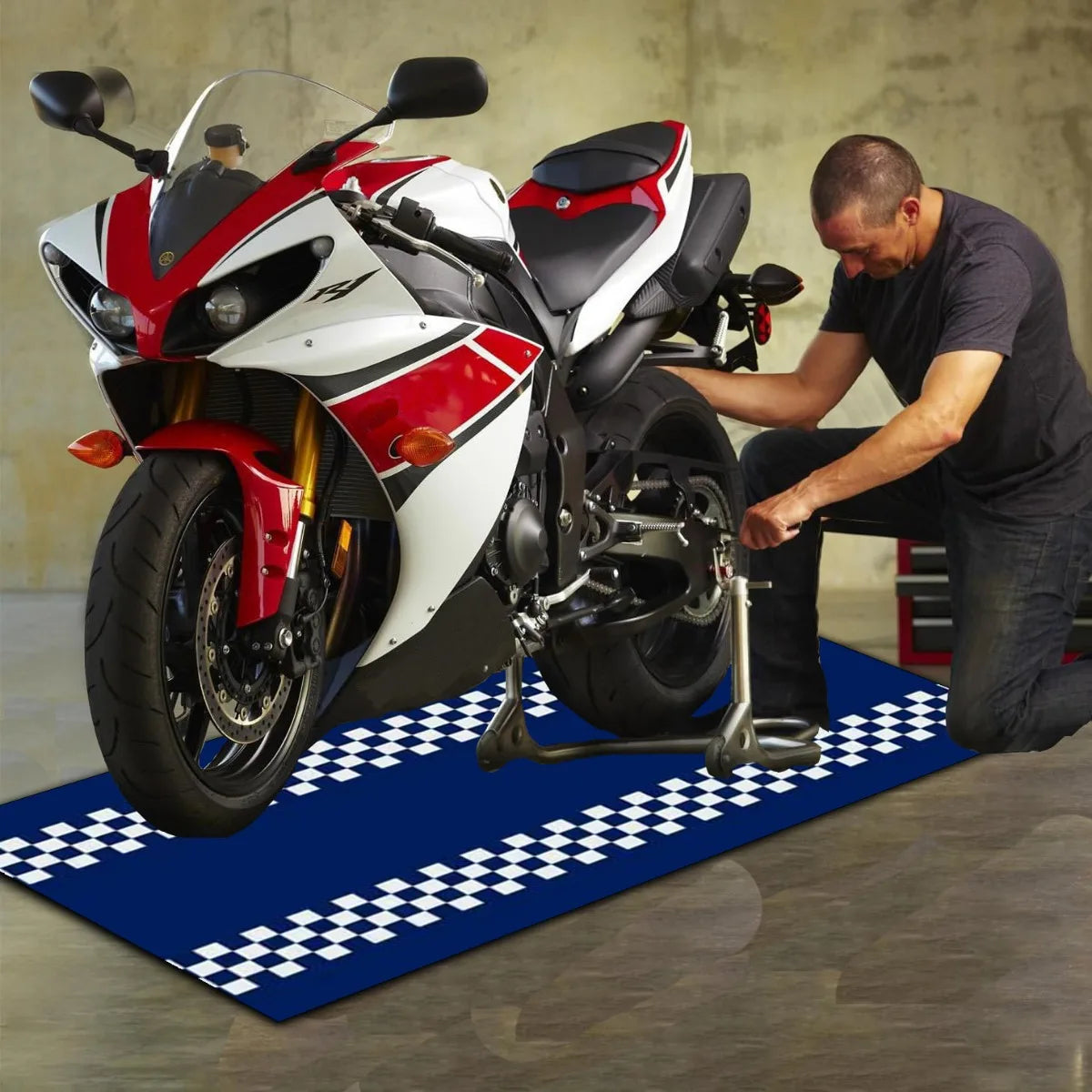 VIKAMA Blue Motorcycle Track Rug Racing Pattern Anti-Fouling Mat Non-Slip Garage Floor Mat Sports Style Car Repair Pad