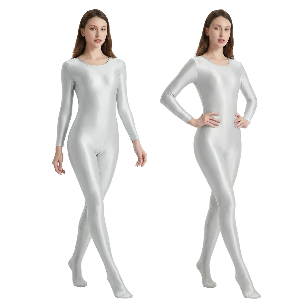 Women's Smooth Glossy High-Elastic Round Neck One Piece Catsuit Long Sleeve Zentai Jumpsuits Cosplay Performance Tights Bodysuit