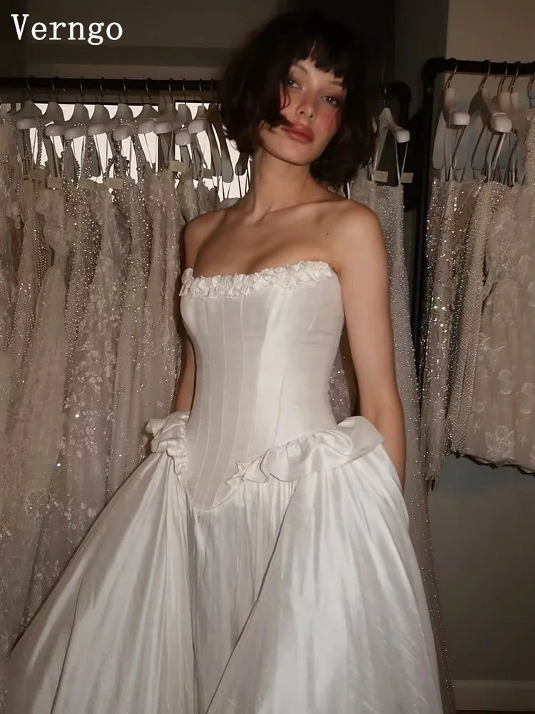Verngo Modern Satin Wedding Dress Strapless Pleated Simple Bridal Gowns Women Classy Sweep Train Bride Dresses Customized