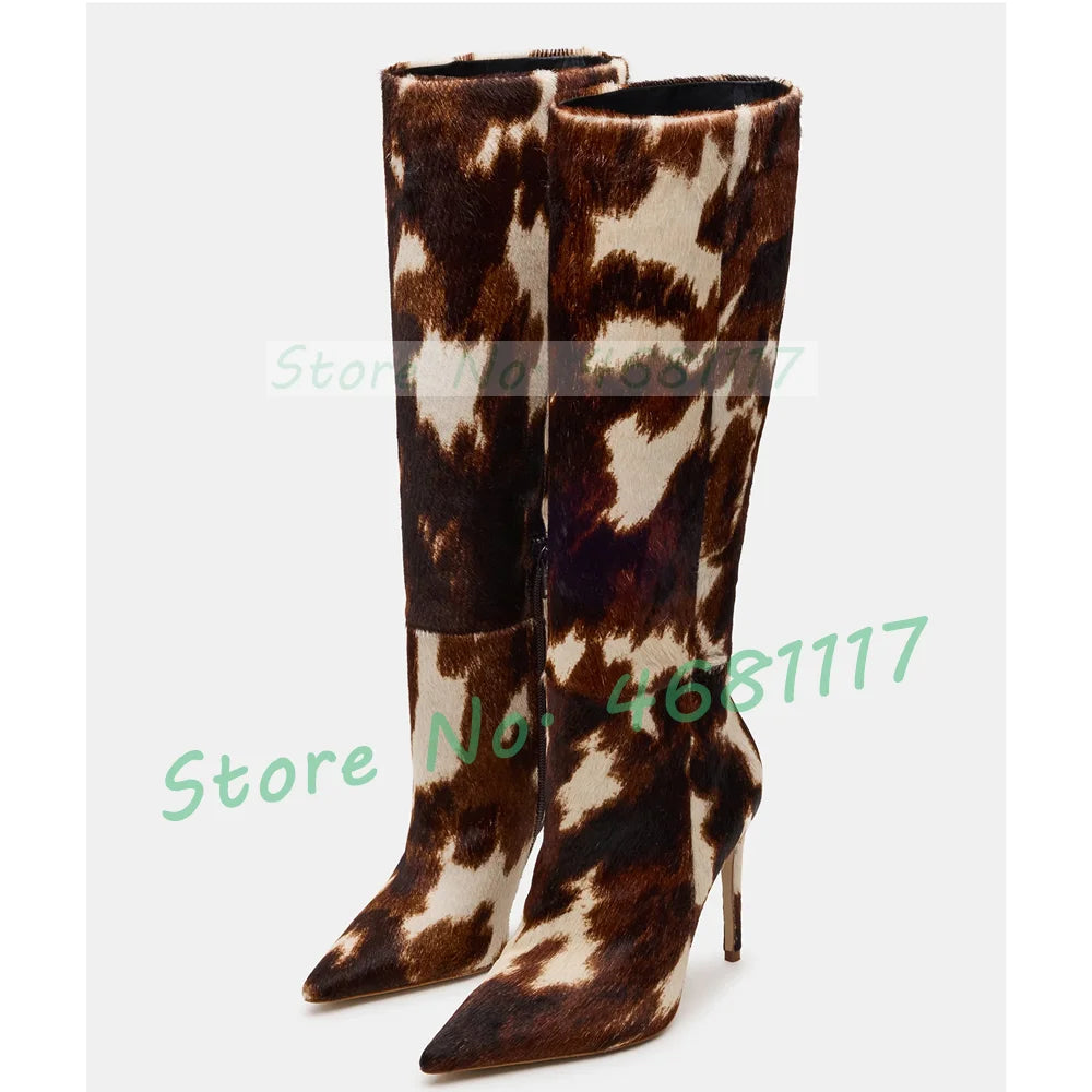 Dark Brown Cow Print Knee High Boots Women Pointy Toe Artificial Horsehair Leather Splicing Boots Mixed Color Side Zipper Shoes
