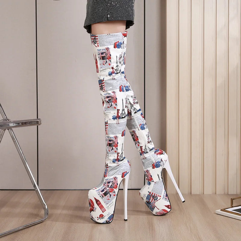 Spring Summer Patent Leather 19cm Super High Heels Platform Over The Knee Boots Women Large Size Zebra Patten Long Thigh Boots