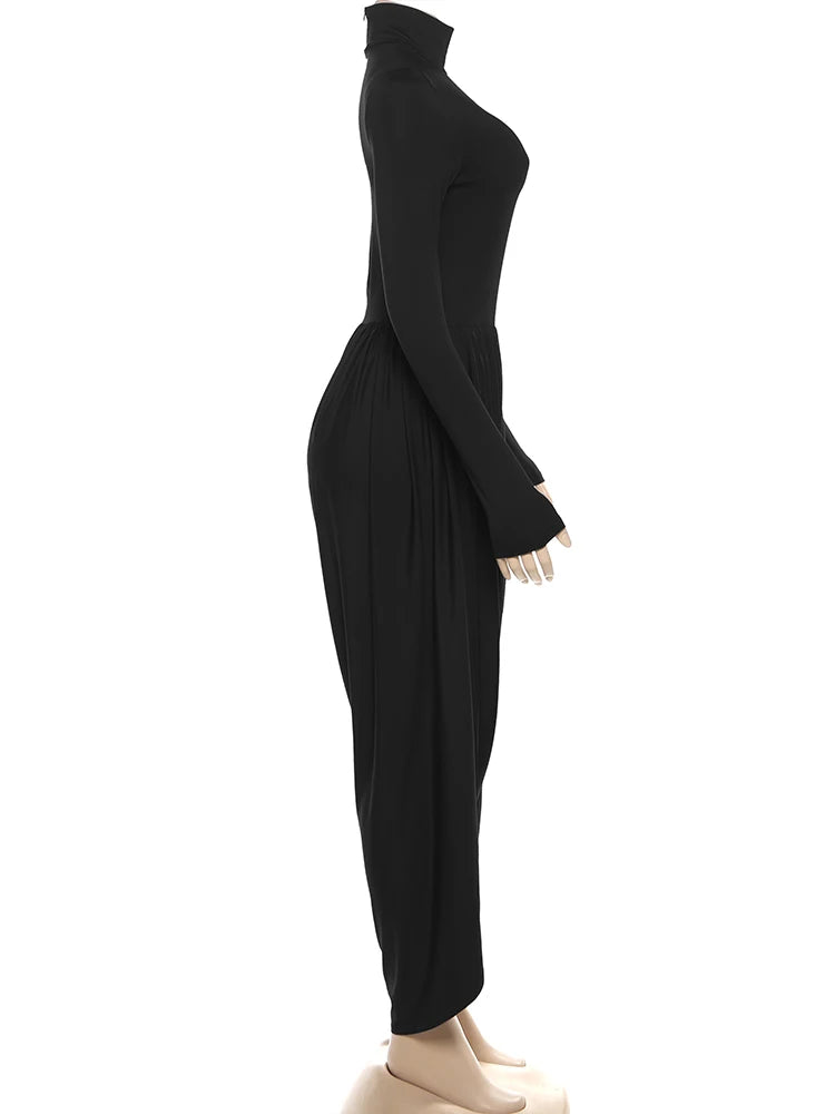Whatiwear Casual Fashion Jumpsuits Woman Autumn Trend Turtleneck Full Sleeve Ruched Design Daily Simple Office Style Overalls