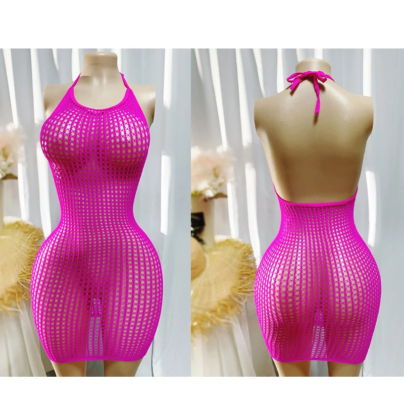 1PC Sexy Women Fishnet Cover Up Without Bikini Hollow Out Bodycon Dress See Through Beachwear Summer Women's Swimwear
