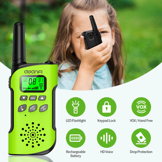 AWANFI Walkie Talkies 4 Packs Rechargeable for kids, Long Range Flashlight 8 Channel, USB Type C for Camping, Hiking, Gifts