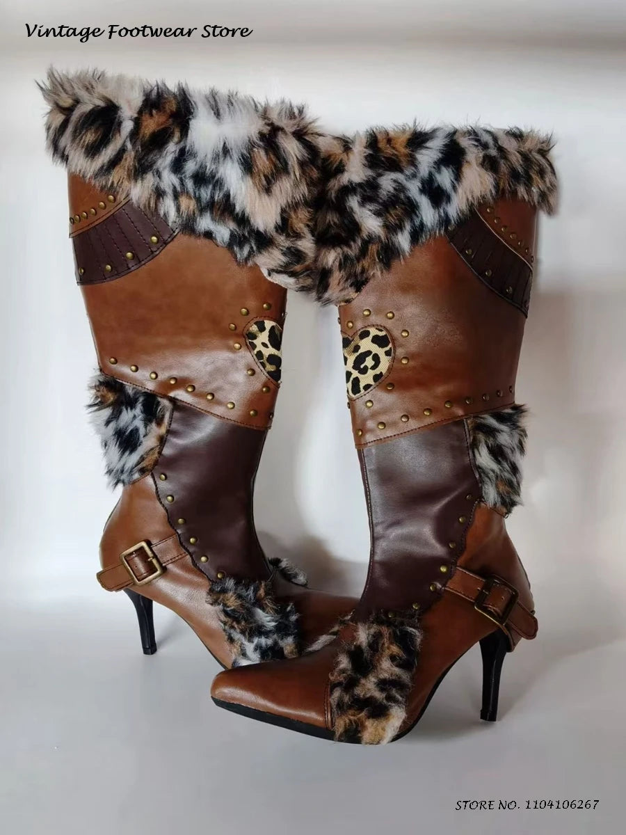 Leopard Faux Fur Studded Knee Boots Vintage Splicing Pointed Toe Thin Heels Trendy Shoes Autumn Winter Plus Size Warm Snow Boots
