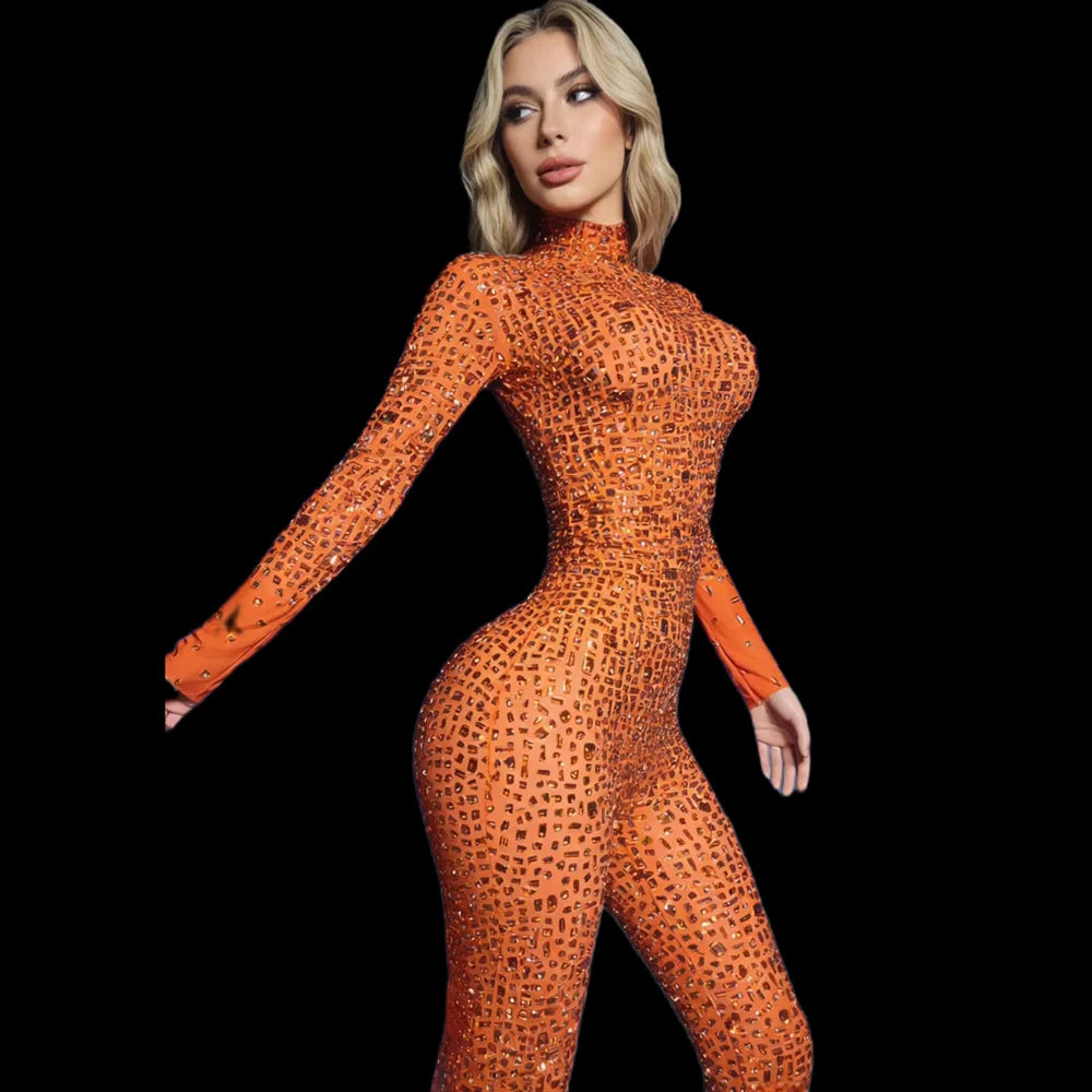 Mono sexy long sleeves birthday party rhinestone jumpsuits plus size women slim fit romper club dancer bodysuits festival outfit