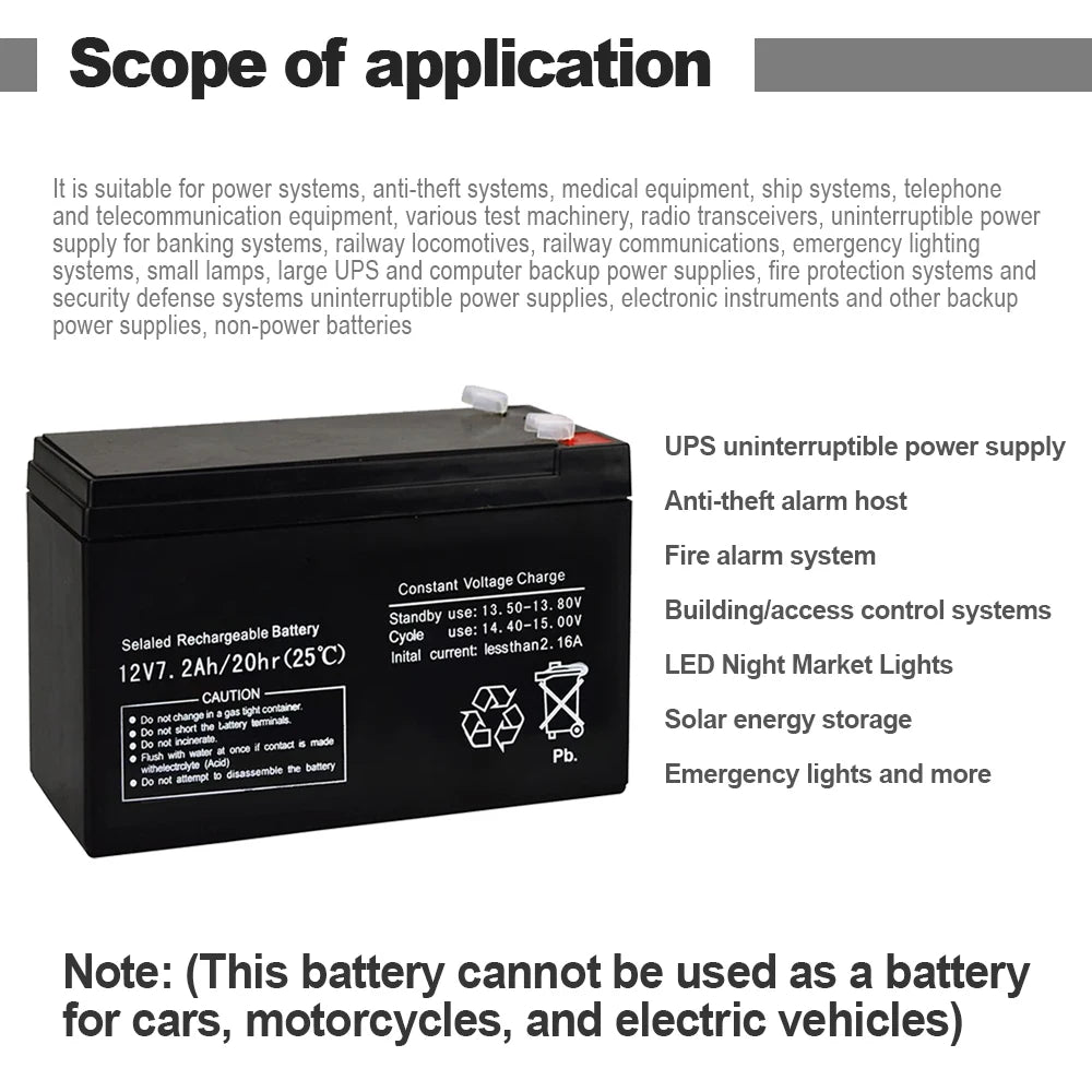 12V 7.2AH Maintenance Free Lead Acid Battery Solar Storage For RV Camping Emergency Power Home Backup