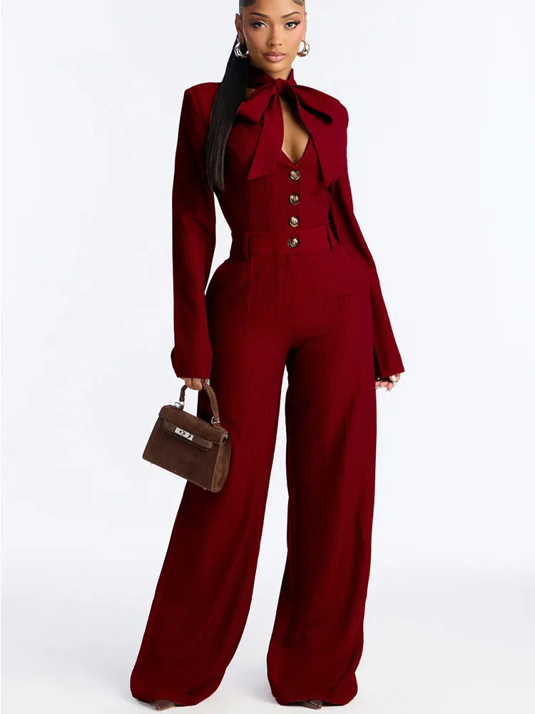Elegant Office Lady Solid Jumpsuit Women Long Sleeve Lace-up Bow Button Ribbed High Waist Party One Piece Rompers and Jumpsuits