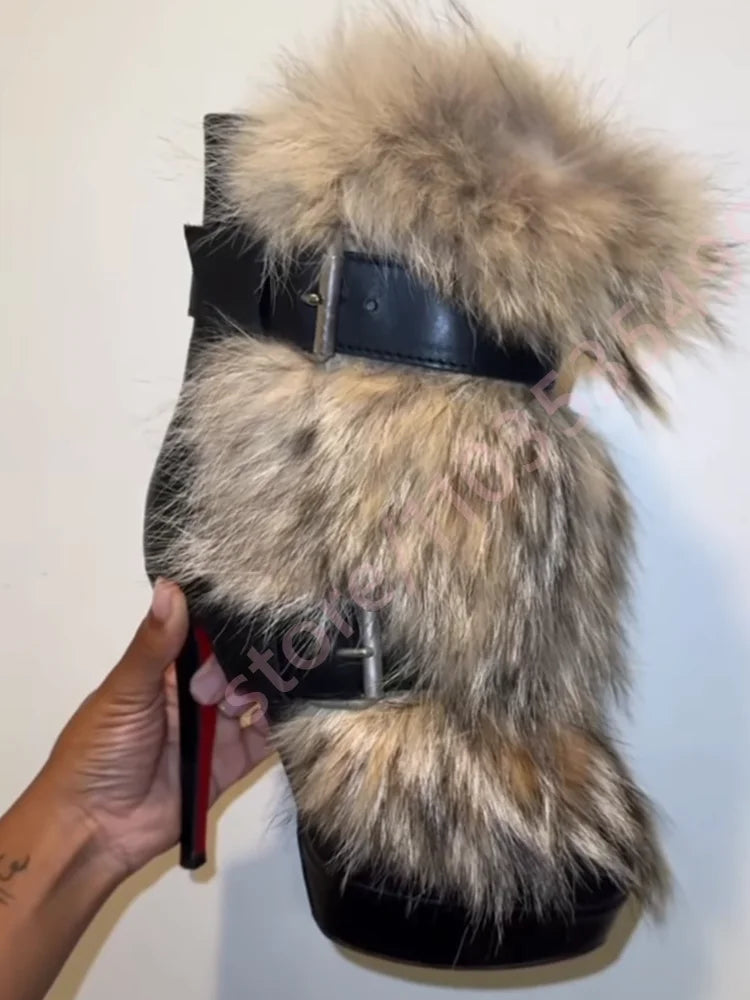 Winter Platform Belt Buckle Soft Fur Short Boots Fashion Show Party Casual Furry Boots New Sexy Women's Stiletto Warm Boots