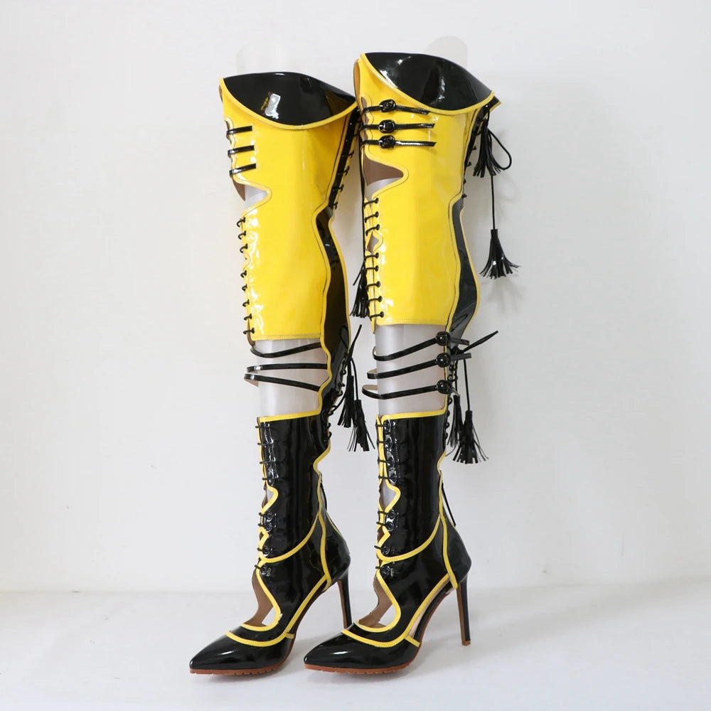 Sorbern Sexy Yellow Black Boots Women Over The Knee Lace Up Back Contrast Colors Pointed Toe Stilettos High Heels Custom Legs