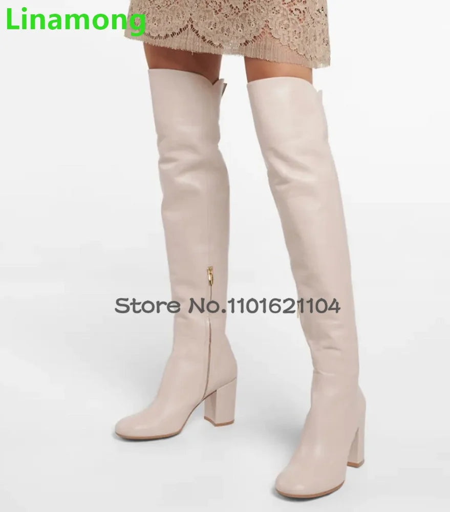 Square Heel Round Toe Leather Fabric Boots For Female Women 2024 Winter New Over-the-knee Side Zipper Elegant Fashion Solid Shoe