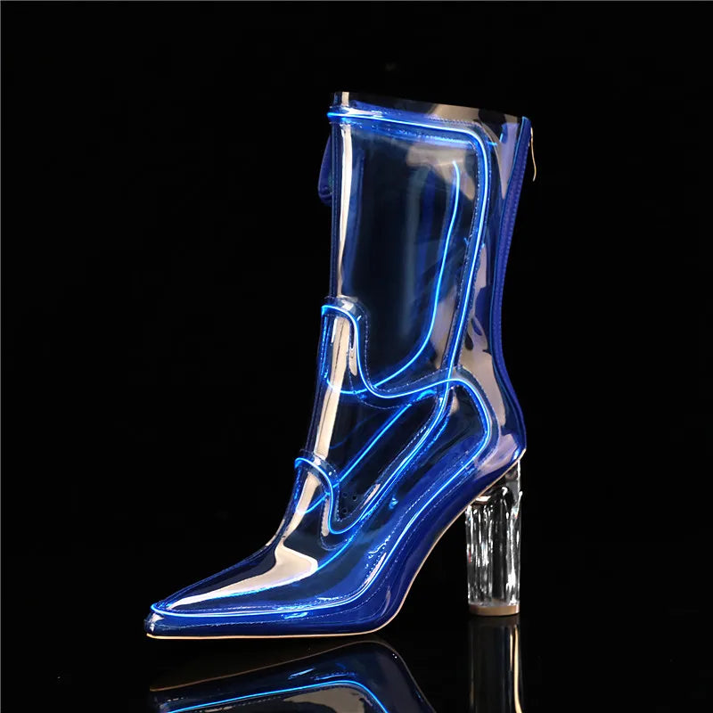 Women Glowing Transparent PVC Ankle Boots Pointed Toe Chunky Clear High Heel Fashion Sexy Dress Party Nightclub Festival Stage