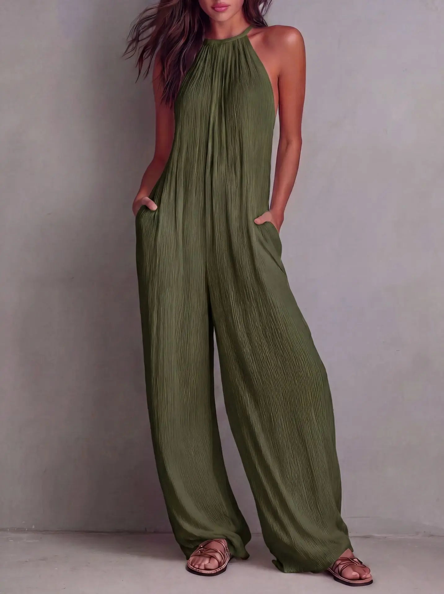 Women's Halter Sleeveless Jumpsuit New Beach Vacation Textured Overalls with Pockets Wide Leg Romper Casual Spring Summer Outfit