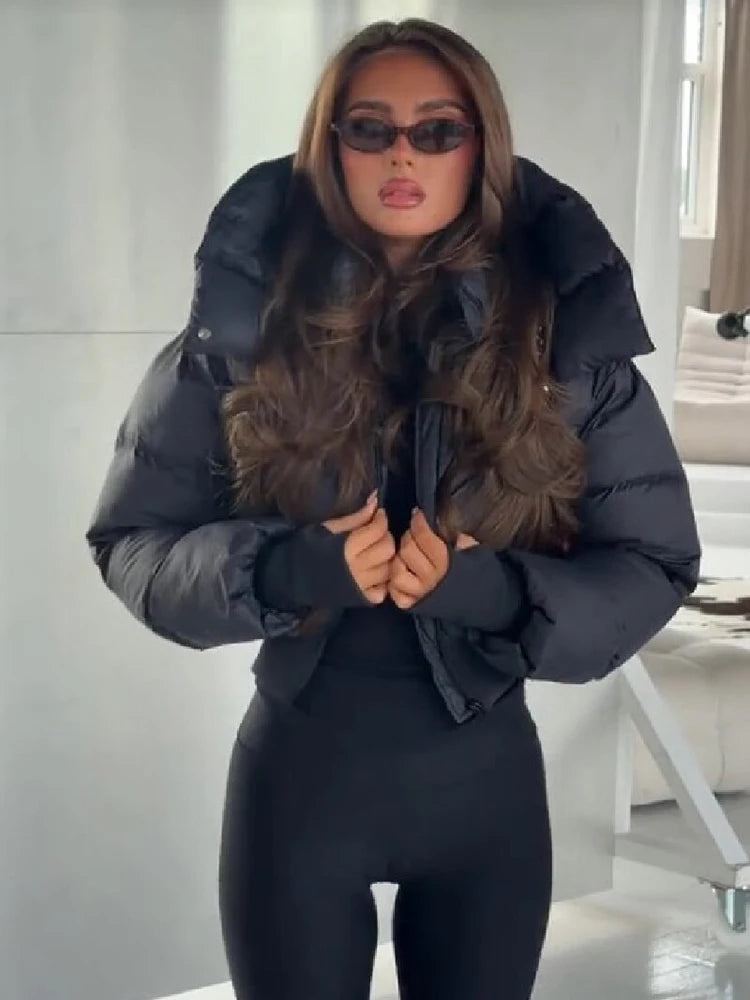Trendy Solid Hooded Zip Snap Button Short Puffer Jacket Women Slim Fit Cropped Outerwear Winter Casual Street Daily Holiday Wear