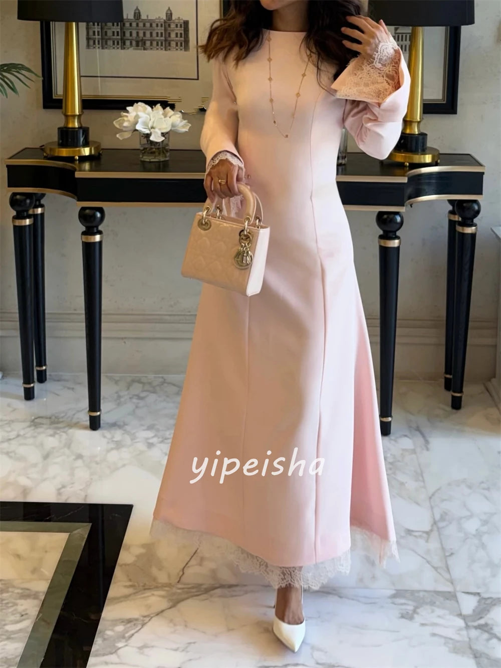 Customized Modern Style Women Jersey Lace Pleat A-line Evening Dresses Formal Simple O-Neck Long Sleeves Ankle Length Dresses