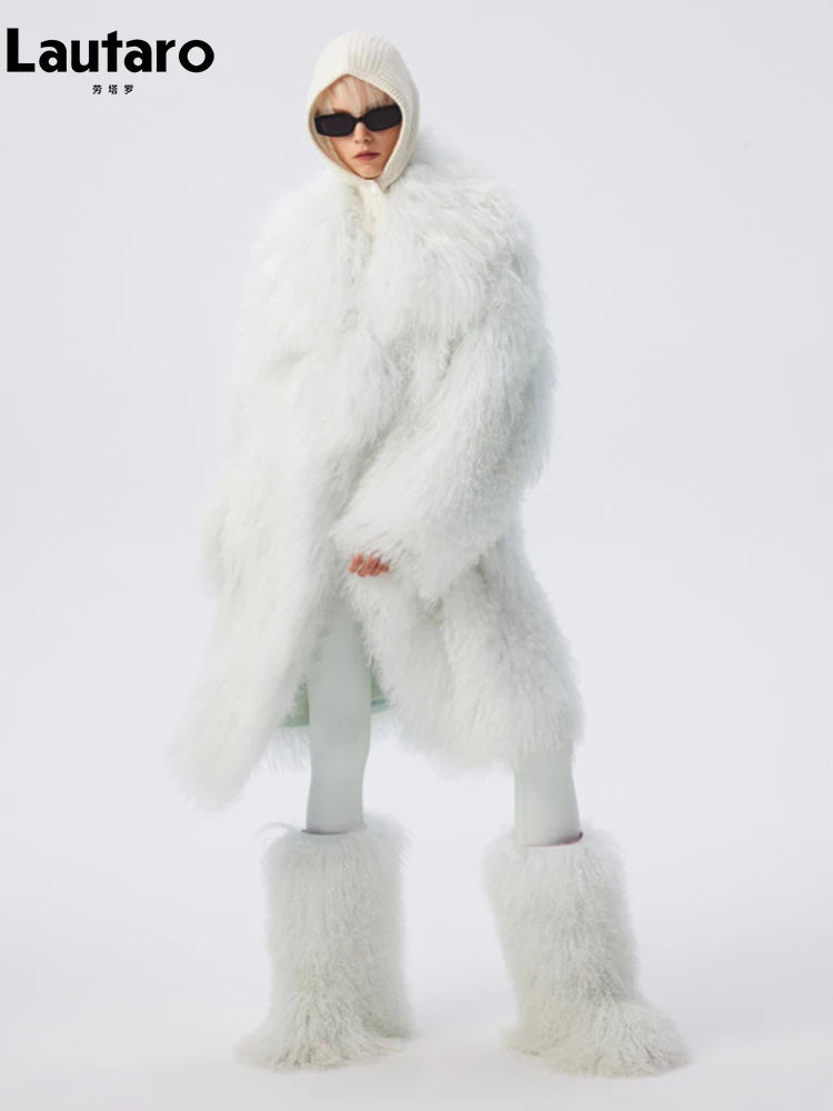 Lautaro Autumn Winter Long Oversized White Thick Warm Soft Faux Fur Coat Women Loose Stylish Luxury Fluffy Overcoat Streetwear