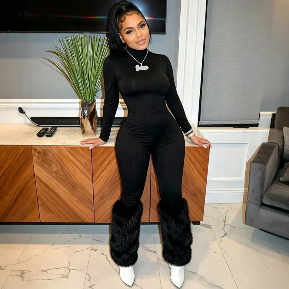 FLARORA Sexy Faux Fur Patchwork Jumpsuits Woman Turtleneck Full Sleeve Skinny Peach Hip Jumpsuit Midnight Party Club Overalls