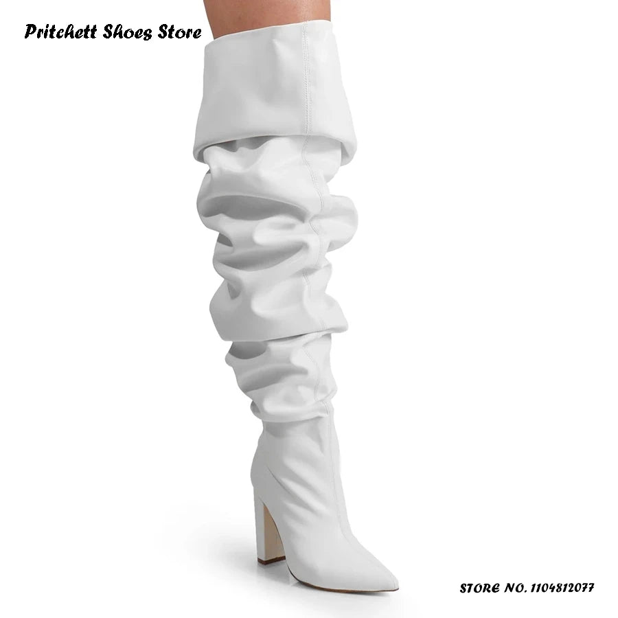 Camouflage Pleated Over-the-knee Boots Pointed Toe Chunky Heel Spring Summer Women's Shoes Street Style Pull On Thigh Boots