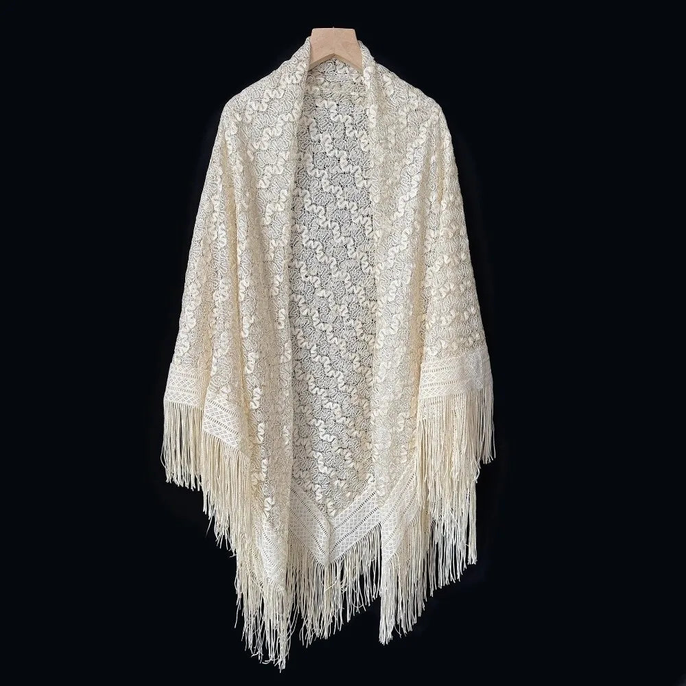 Versatile 140×140cm Lace Shawl Elegant Hollowed-out Design Knitted Shawl Breathable Tassel Shawl for Women