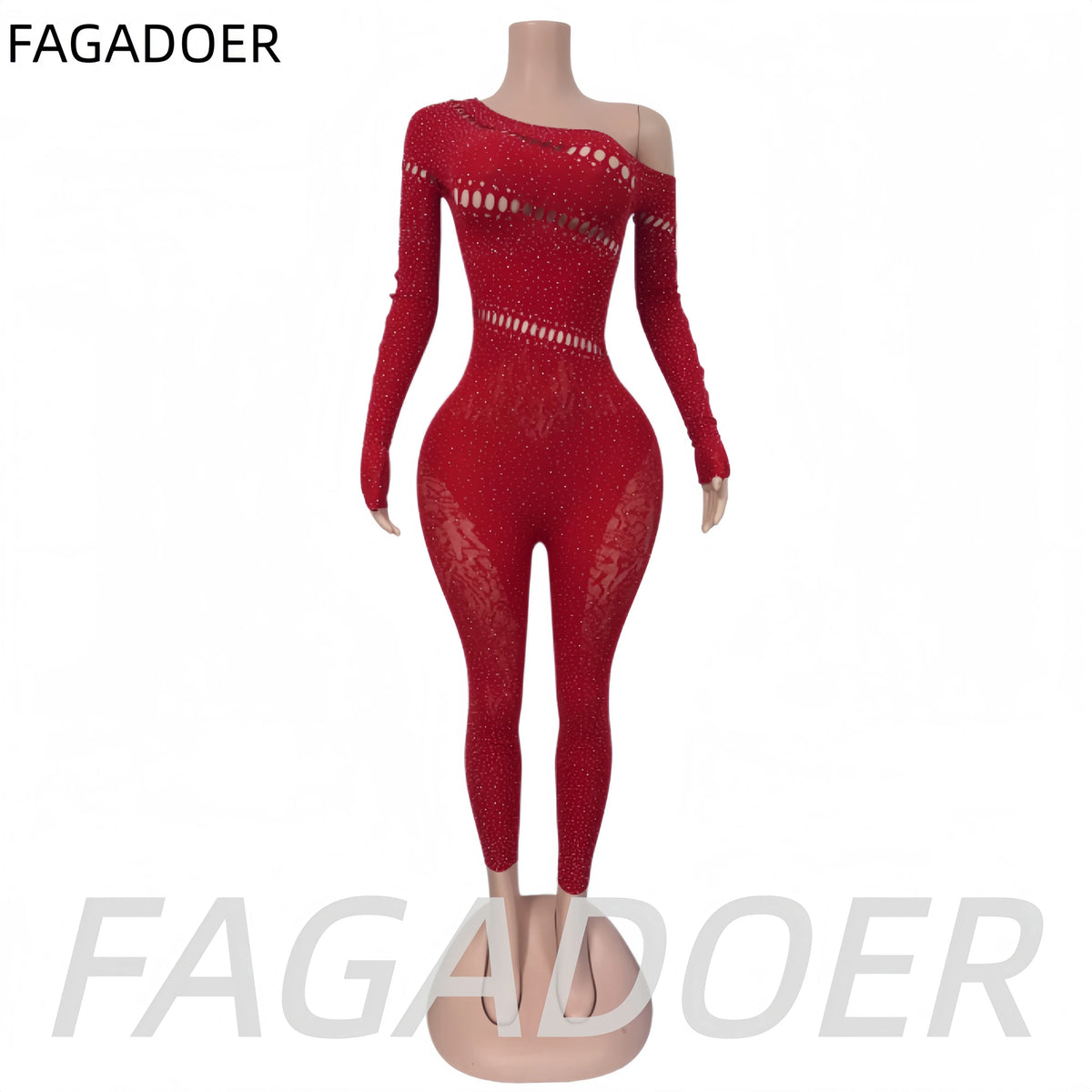 FAGADOER Spring Summer New Sexy Jumpsuits Women See Through Hollow Out Rhinestone Patchwork Rompers Female Streetwear Overalls