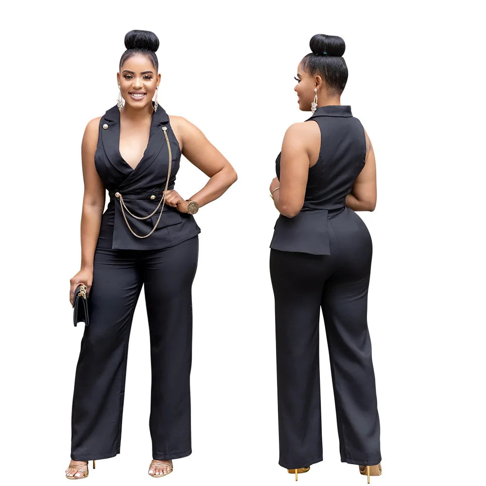 CMYAYA Elegant Womenv-neck High Waist Straight Sleeveless Blazer Jumpsuits 2024 Fall Street Chain Office Lady Party Rompers