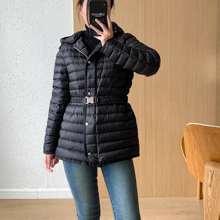 2025 Autumn Winter Luxury Lightweight Short Slim 90% White Duck Down Jacket Women Hooded Detachable Sash Warm Down Coat Fashion