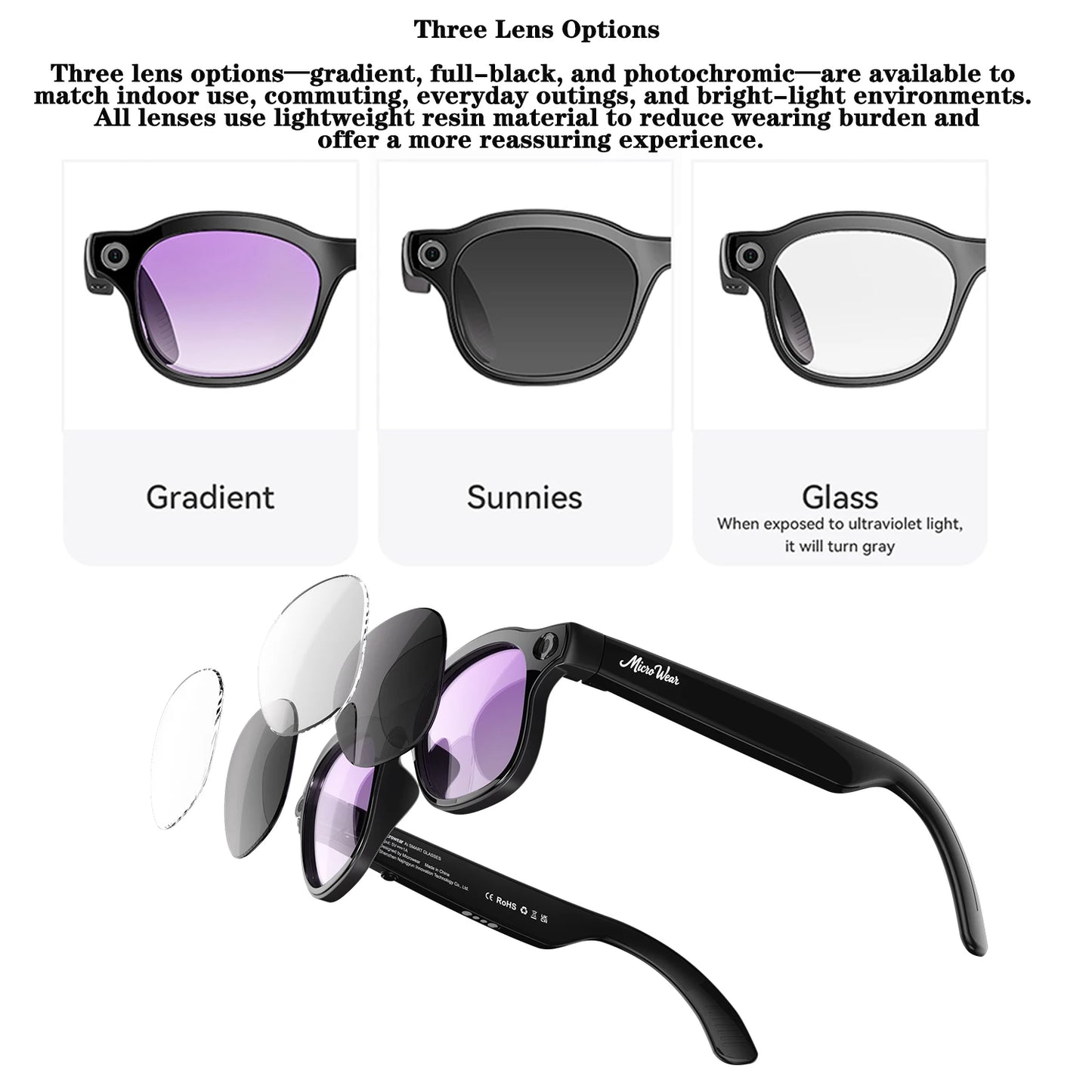 800W HD AI Smart Glasses with Camera, 1080P HD Video Recording, AI Assistant, Real-Time Translation, with Color-Changing Lenses